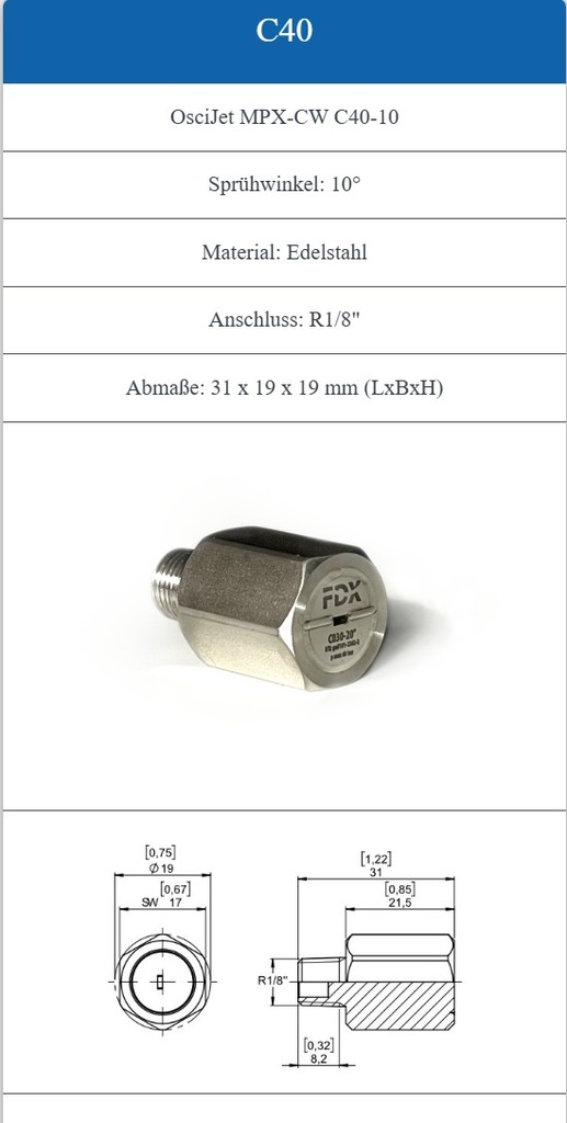 Tryska nerezová L01 - MPX-CW C040-10° R1/8''