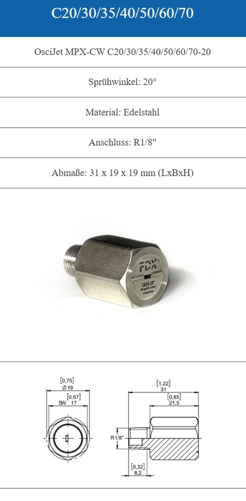 Tryska nerezová MPX-CW C040-20° R1/8''